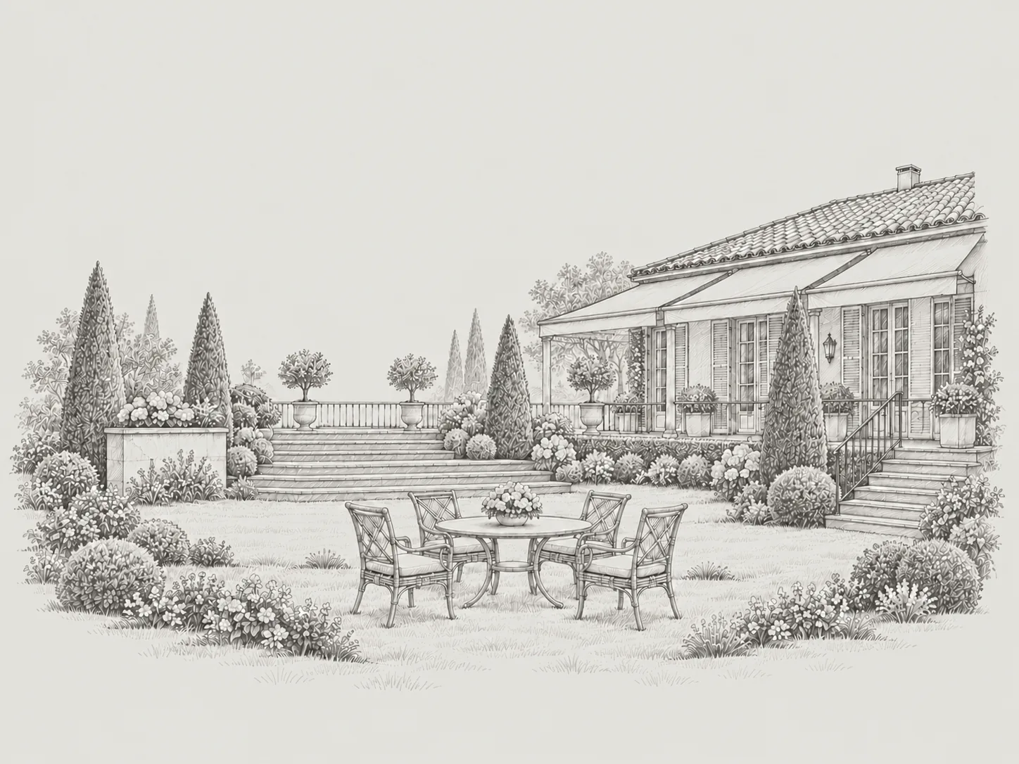 Ilustración a lápiz del jardín del Real Club de la Puerta de Hierro con una mesa y sillas sobre el césped