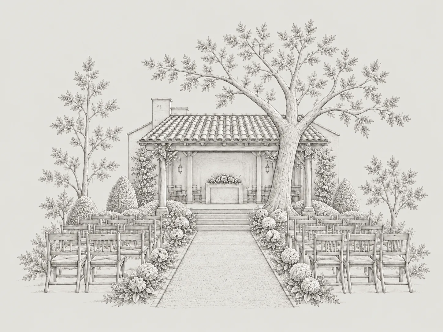 Ilustración a lápiz de la ermita con su árbol, escalinata y pasillo de ceremonia