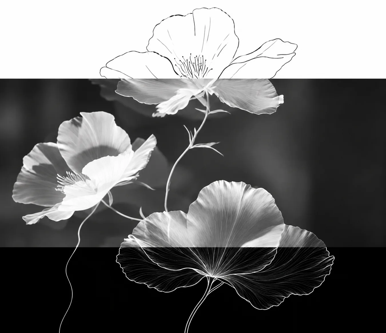 Flor dibujada sobre blanco, flores en fotografía y continuación de la flor inferior en líneas blancas sobre el fondo negro de los sobres