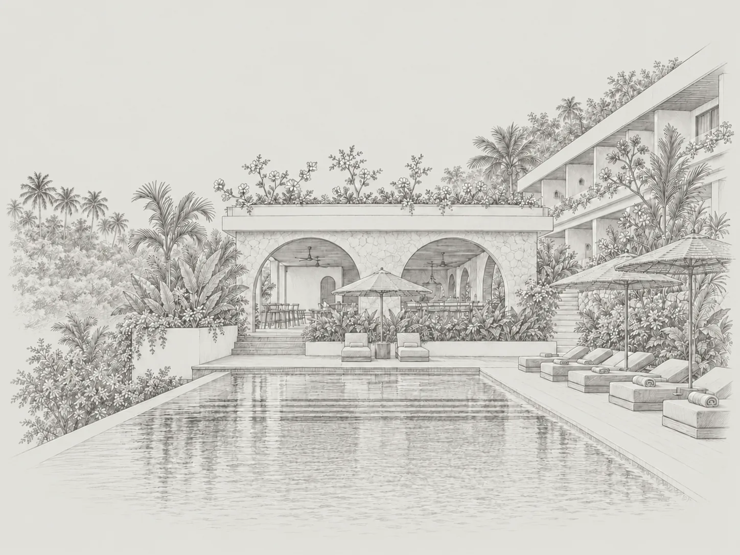 Ilustración a lápiz de la piscina del hotel de Lombok con porche de arcos de piedra y palmeras